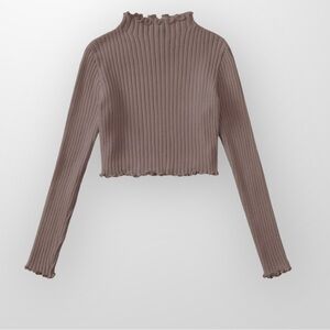 ZARA Mock Neck Ruffle Hem Cropped Knit Sweater - Warm Beige